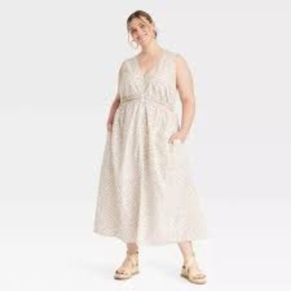 Universal Thread Women's Cut-Out Maxi A-Line Dress Sleeveless Tan Abstract  Sz L - Picture 1 of 9